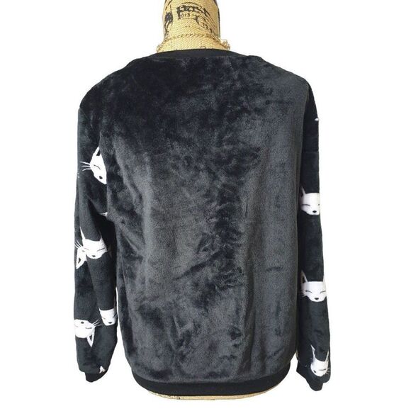 Women's Plush Sweater Sequin Kitten So Soft Black Pullover Sweatshirt M NWOT - Picture 2 of 8